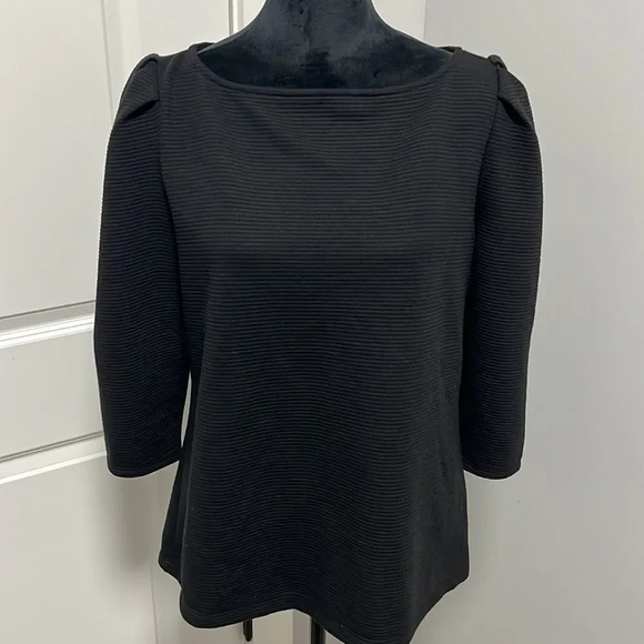 Worthington women’s boat neck puff 3/4 length sleeves black ribbed blouse size L - Picture 2 of 8